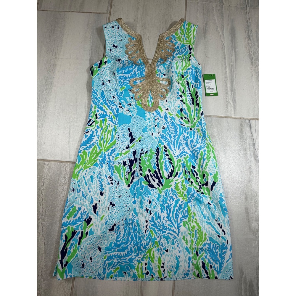 Lilly Pulitzer Janice Shift Dress Spa Blue Lets Cha Cha Gold Soutach Sz 8 NEW